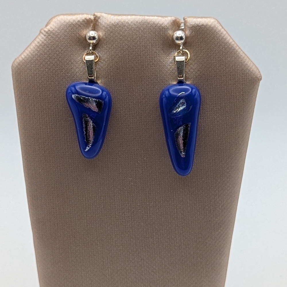 Artisan Handmade Fused glass icicle earrings with dichroic glass. Sterling